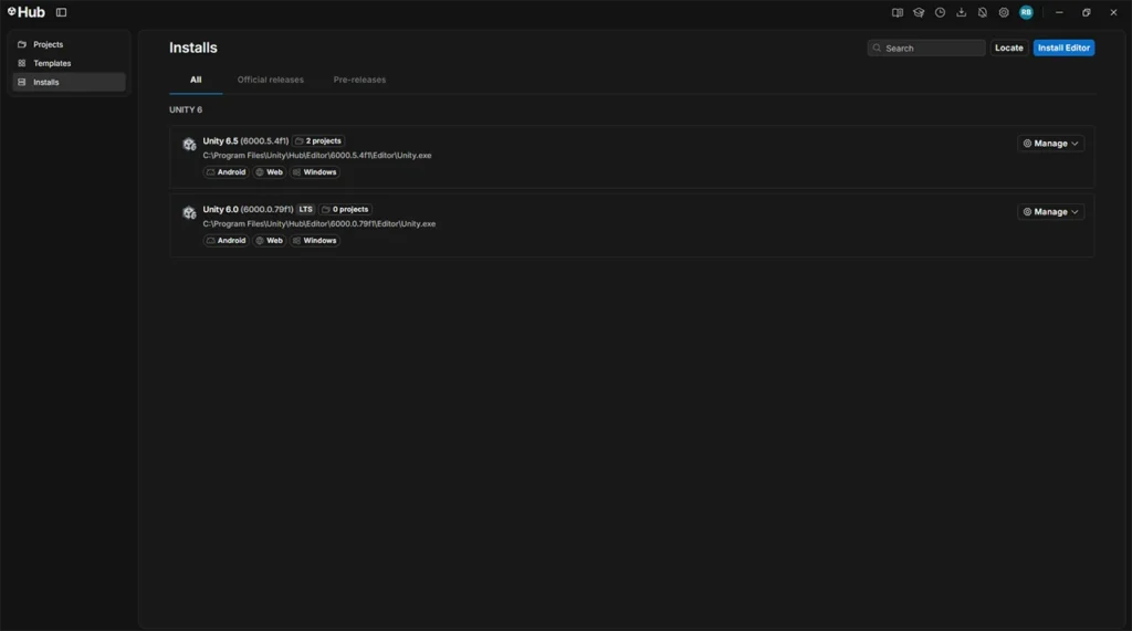 Unity Hub Editor Installs